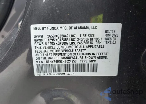 2017 Honda Pilot Ex-L из США, поврежденный, VIN 5FNYF6H52HB024950